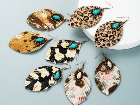 Wholesale Horsehair Genuine Leather Leaf Tassel Vintage Turquoise Leopard Earrings For Discount