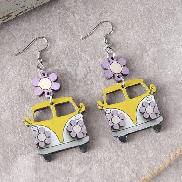 Wholesale Teacher s Day Back To School Season Flower School Bus Wooden Earrings Sale