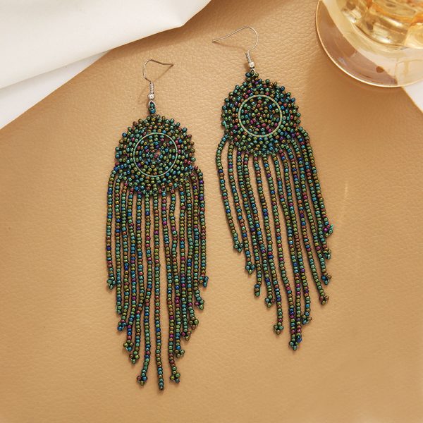 Wholesale Geometric Round Dreamweaver Mesh Rice Beads Tassel Earrings Sale