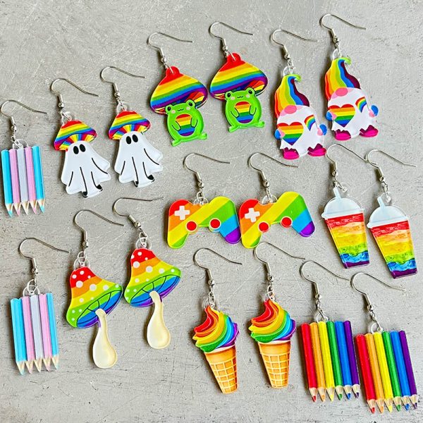 Wholesale Rainbow Game Machine Mushroom Elf Drink Color Pen Acrylic Fun Earrings Online Hot Sale