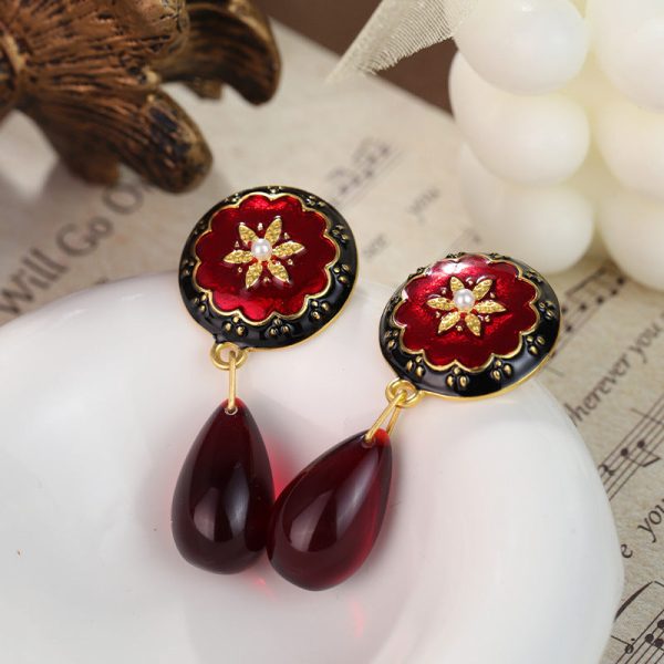 Wholesale French Medieval Style Red Oil Drop Retro Flower Earrings on Sale