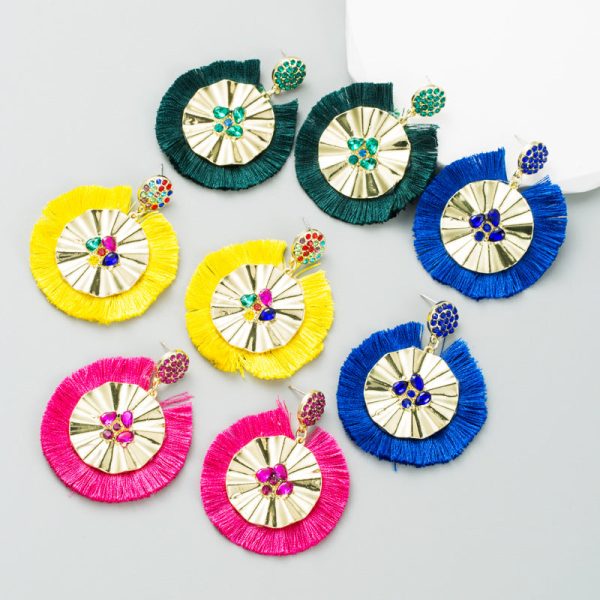 Wholesale Fashion Tassel Inlaid Colorful Rhinestone Hoop Earrings Cheap