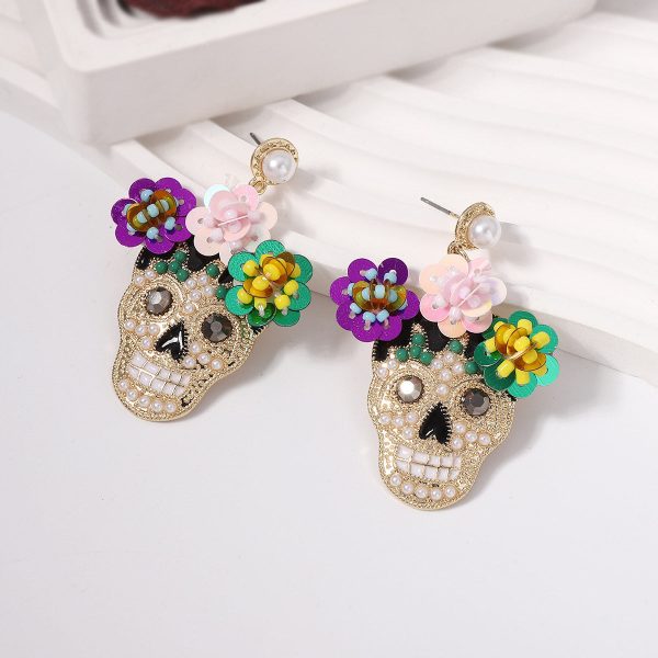 Wholesale Halloween Inlaid Zircon with Sequined Skull Earrings Online Hot Sale