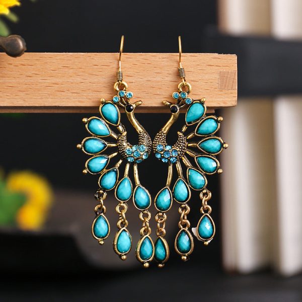 Wholesale Creative Retro Ethnic Style Fashion Bohemian Colored Resin Gemstone Peacock Earrings Supply