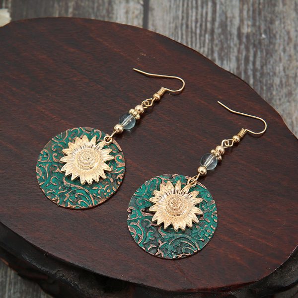 Wholesale Retro Bohemian Color Separation Double Layer Sunflower Pattern Earrings on Sale