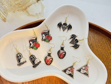 Wholesale Dark Personality Halloween Horror Funny Skull Bat Tombstone Rose Earrings Hot on Sale