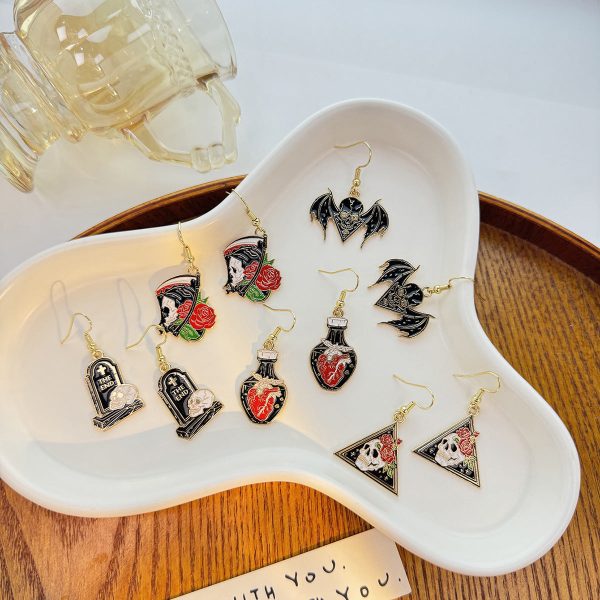 Wholesale Dark Personality Halloween Horror Funny Skull Bat Tombstone Rose Earrings Hot on Sale