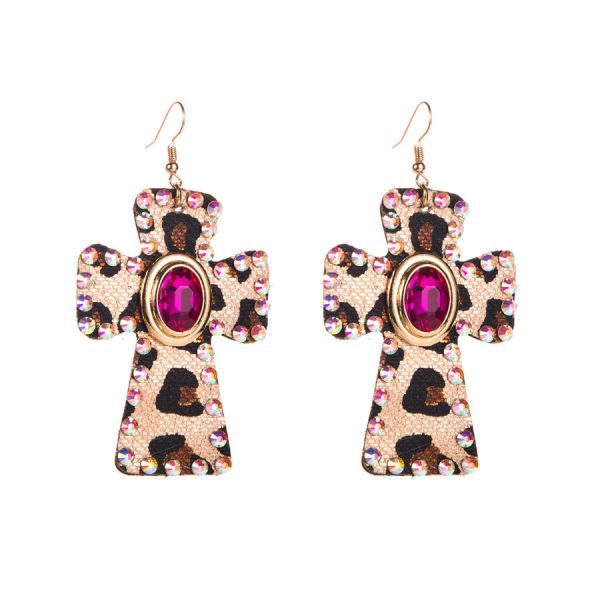 Wholesale Leopard Leather Vintage Alloy Diamond Cross Earrings Online Hot Sale