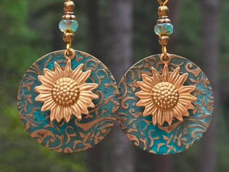 Wholesale Retro Bohemian Color Separation Double Layer Sunflower Pattern Earrings on Sale