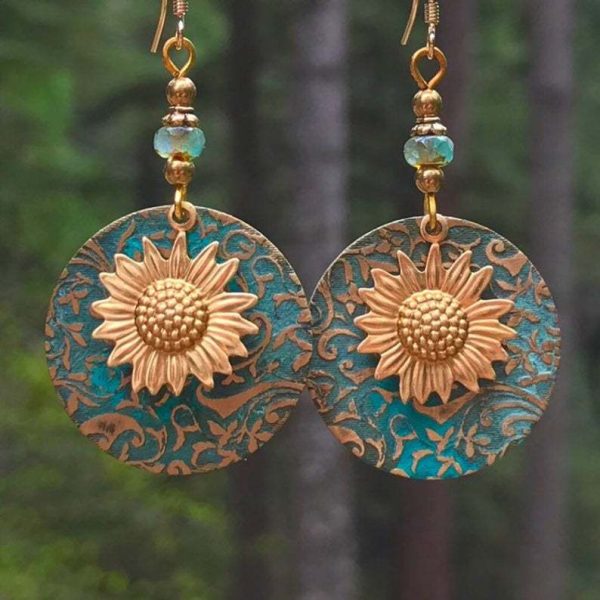 Wholesale Retro Bohemian Color Separation Double Layer Sunflower Pattern Earrings on Sale