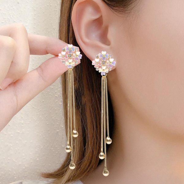 Wholesale Flower Temperament Tassel Silver Needle Diamond Earrings Online now