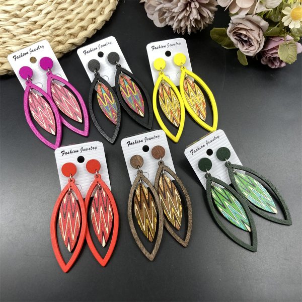 Wholesale Bohemian Exaggerated Wooden Leaves Geometric Retro Earrings For Discount