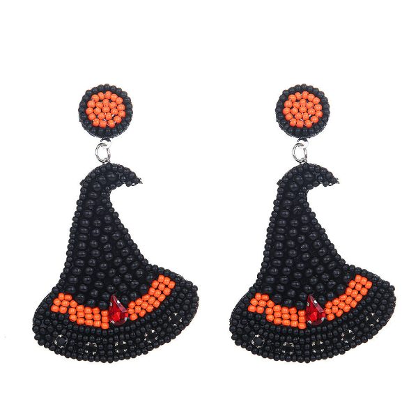 Wholesale Halloween Vintage Witch Hat Black Cat Demon Pumpkin Bat Beaded Earrings For Discount