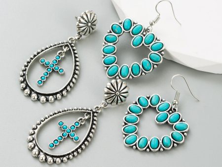 Wholesale Hollow Heart Cross Exaggerated Turquoise Earrings Fashion