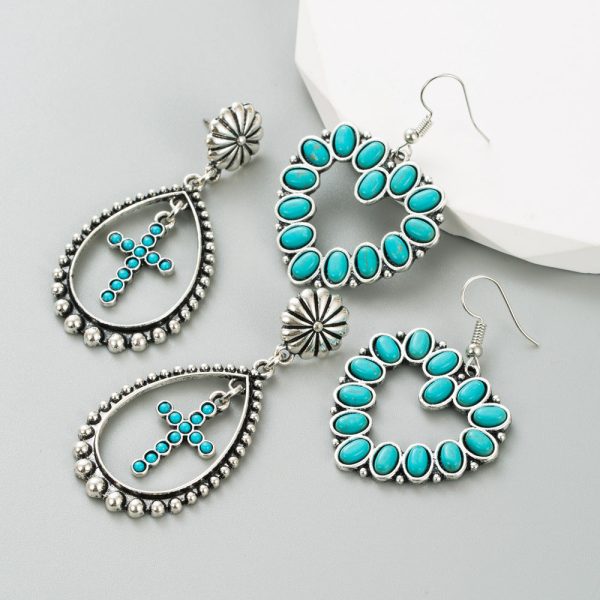 Wholesale Hollow Heart Cross Exaggerated Turquoise Earrings Fashion