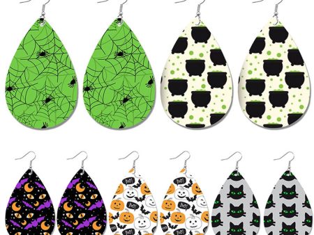 Wholesale Halloween Spider Fun Pumpkin Bat Print Water Drop Leather Earrings Online