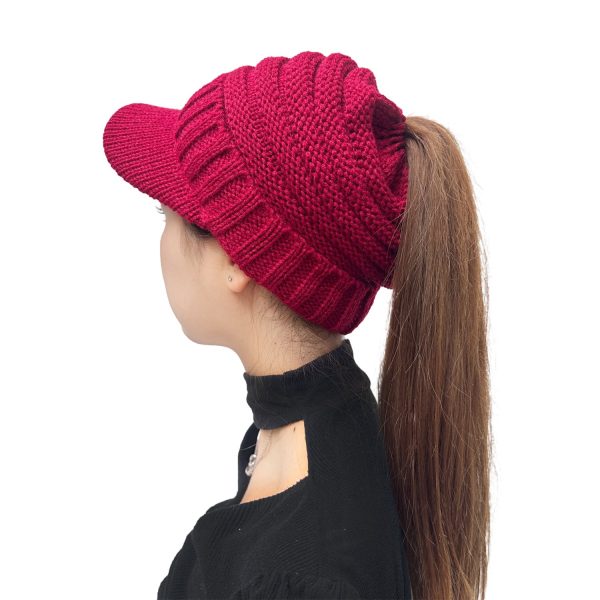 Wholesale Curled Stripe Ponytail Knitted Duck Tongue Wool Hat For Sale