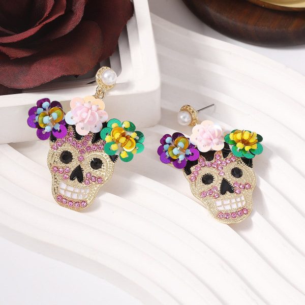 Wholesale Halloween Inlaid Zircon with Sequined Skull Earrings Online Hot Sale