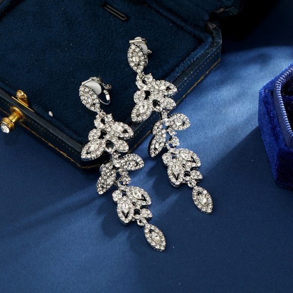 Wholesale Fashion Exaggerated Alloy Diamond Leaf Long Clip Earrings Online