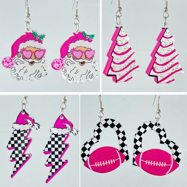 Wholesale Pink Christmas Santa Claus Christmas Tree Football Vintage Acrylic Earrings For Cheap