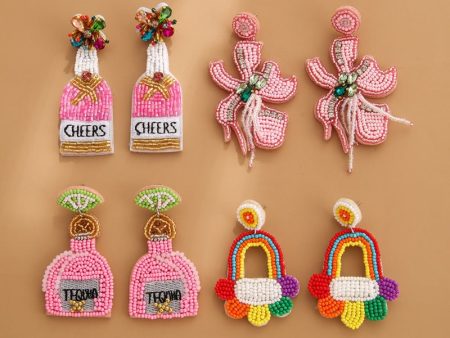 Wholesale Bohemian Handmade Fabric Rice Beads Wine Bottle Flower Earrings Sale