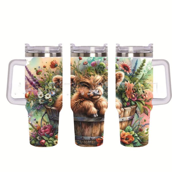 Wholesale Tumbler 40OZ Bull Head 3D Sunflower Car Cup Stainless Steel Straw Tumbler Ice Cup For Sale