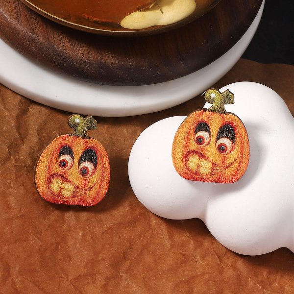 Wholesale Halloween Creative Funny Wood Printed Pumpkin Expression Pack Earrings Hot on Sale