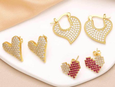 Wholesale Love Heart Copper Plated Real Gold Full Zircon Earrings Fashion