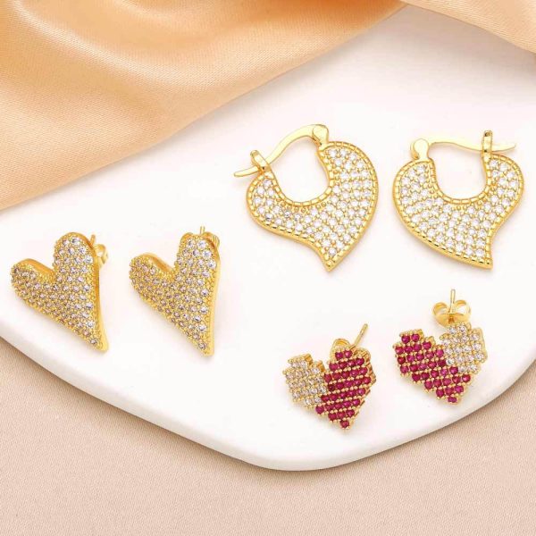 Wholesale Love Heart Copper Plated Real Gold Full Zircon Earrings Fashion