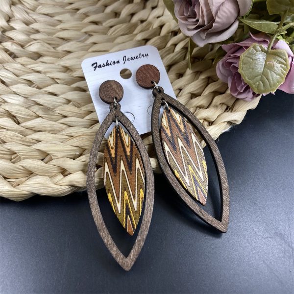 Wholesale Bohemian Exaggerated Wooden Leaves Geometric Retro Earrings For Discount