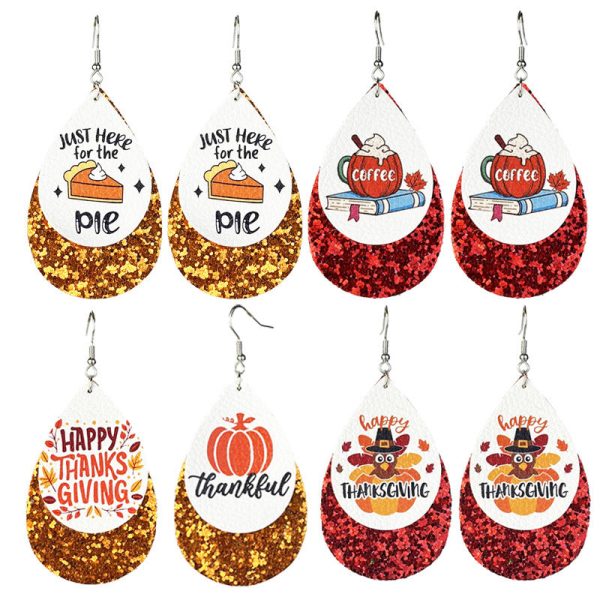 Wholesale 2 Pairs pack Thanksgiving Double Leather Shiny Pumpkin Pie Coffee Turkey Earrings Cheap