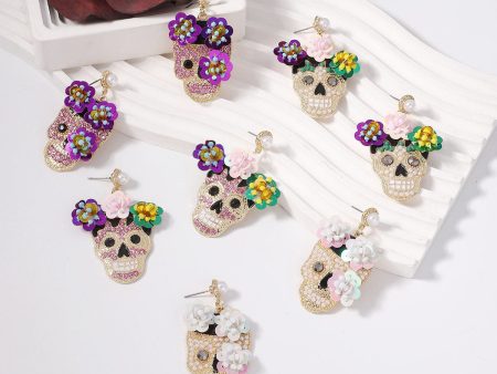 Wholesale Halloween Inlaid Zircon with Sequined Skull Earrings Online Hot Sale