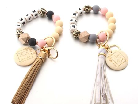 Wholesale Silicone Wooden Beads Leather Tassel MAMA Wrist Keychain on Sale