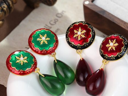 Wholesale French Medieval Style Red Oil Drop Retro Flower Earrings on Sale