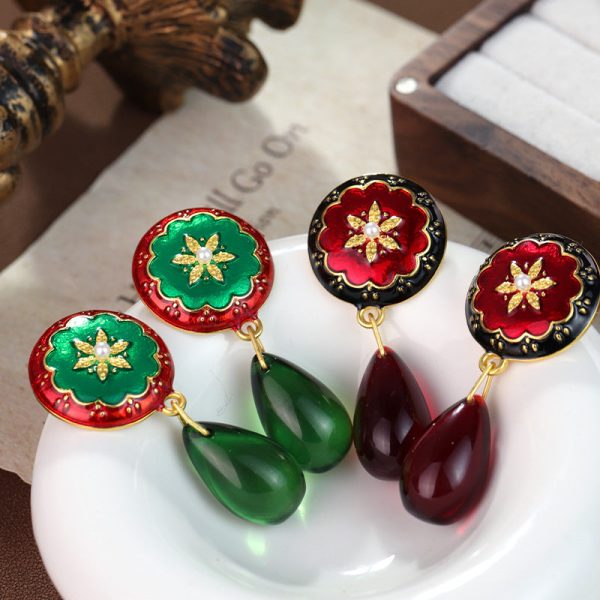 Wholesale French Medieval Style Red Oil Drop Retro Flower Earrings on Sale