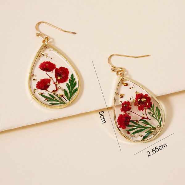 Wholesale Epoxy Leaf Eternal Red Dried Flower Earrings Fashion