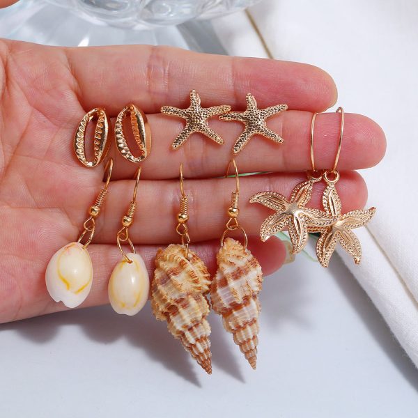 Wholesale Creative Starfish Natural Conch Earrings Five Pairs of Earrings and Studs Discount