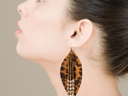 Wholesale Leaf Leopard Leather Crystal Tassel Earrings For Sale