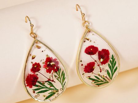 Wholesale Epoxy Leaf Eternal Red Dried Flower Earrings Fashion