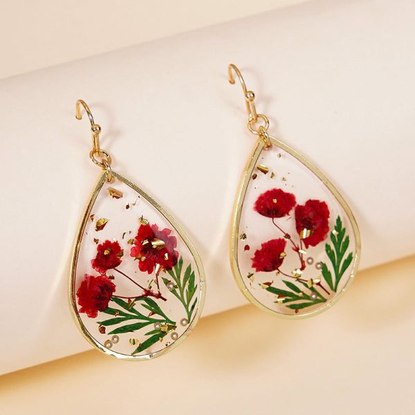 Wholesale Epoxy Leaf Eternal Red Dried Flower Earrings Fashion