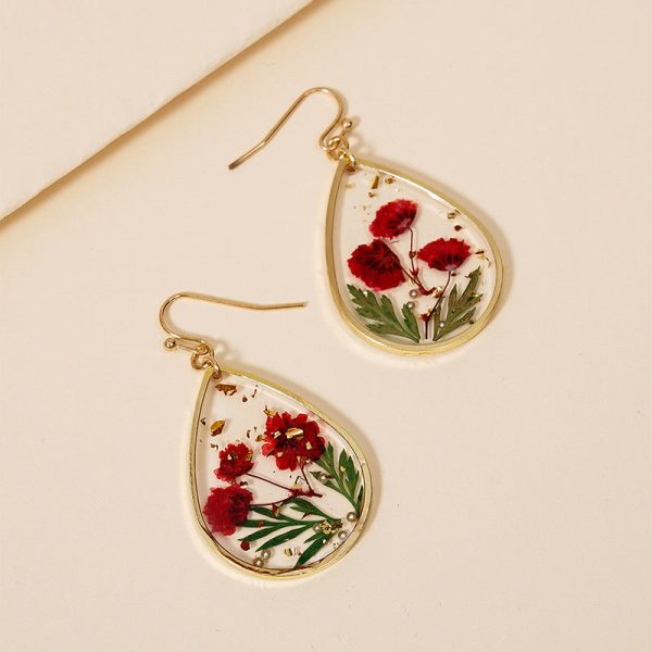 Wholesale Epoxy Leaf Eternal Red Dried Flower Earrings Fashion