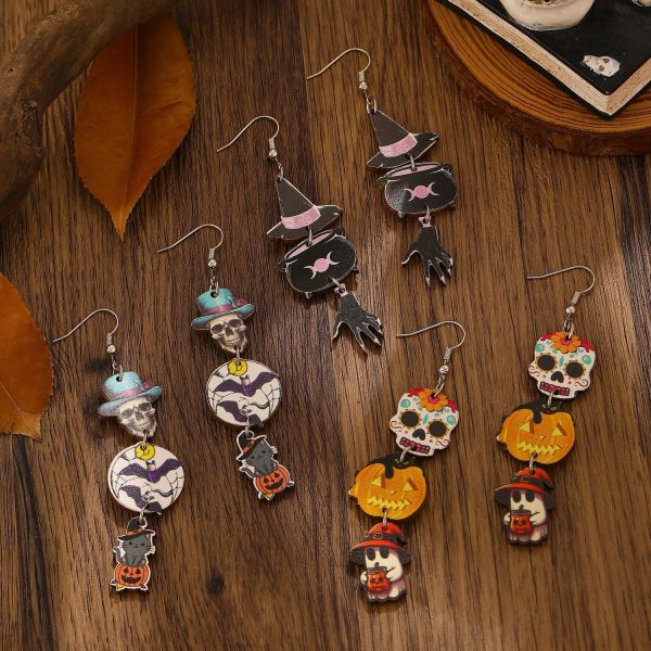 Wholesale Halloween Printed Colorful Pumpkin Skull Ghost Gift Creative Splicing Wooden Earrings Supply