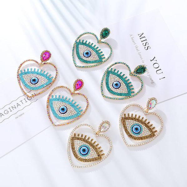 Wholesale Fashion Diamond Heart Evil Eye Exaggerated Earrings on Sale