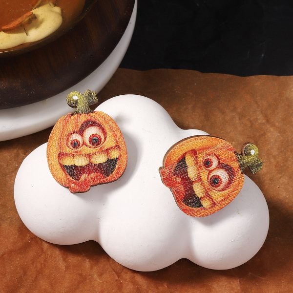 Wholesale Halloween Creative Funny Wood Printed Pumpkin Expression Pack Earrings Hot on Sale