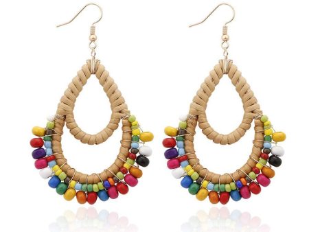 Wholesale Bohemian Rattan Wooden Beads Fishhook Hoop Earrings Fashion