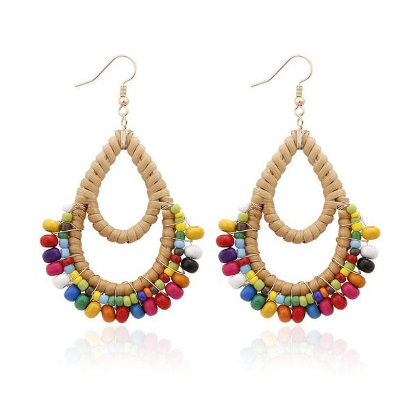 Wholesale Bohemian Rattan Wooden Beads Fishhook Hoop Earrings Fashion