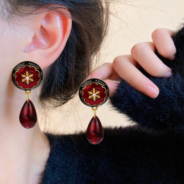 Wholesale French Medieval Style Red Oil Drop Retro Flower Earrings on Sale