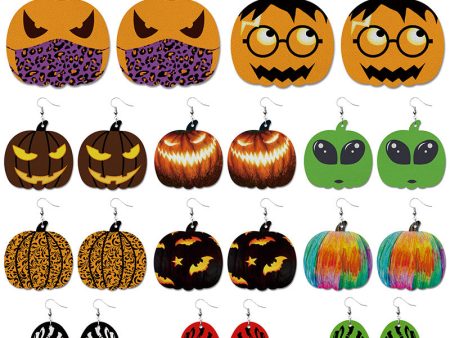 Wholesale Halloween Pumpkin Bat Alien Funny Heart Shape Leather Earrings Hot on Sale