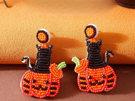 Wholesale Halloween Handmade Beaded Cute Pumpkin Rice Bead Earrings Discount