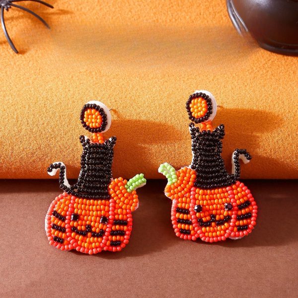 Wholesale Halloween Handmade Beaded Cute Pumpkin Rice Bead Earrings Discount